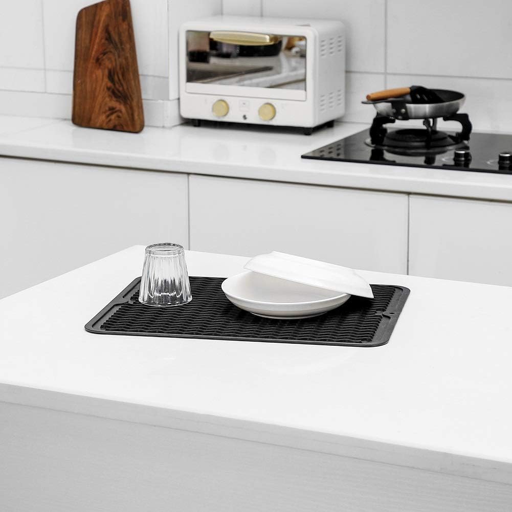 Silicone Dish Drying Mat for Multiple Usage,Easy clean,Eco-friendly,Heat-resistant Silicone Mat for Kitchen Counter or Sink,Refrigerator or drawer liner Black L 16 inches x 12 inches