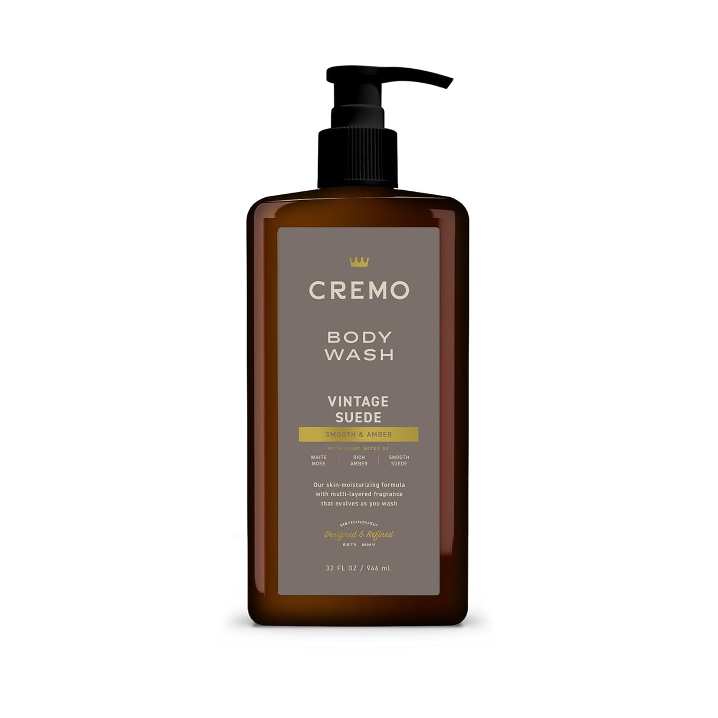 Cremo Rich-Lathering Vintage Suede Body Wash for Men, A Vintage Suede with Notes of White Moss and Rich Amber, 32 Fl Oz