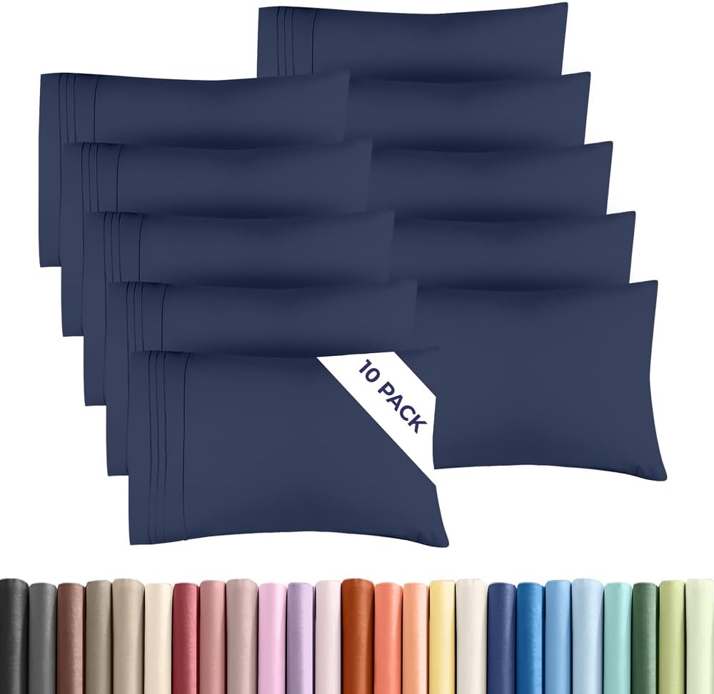 Standard Pillow Cases Set of 10 - Ultra Soft Hotel Quality Pillowcase Covers - Comfy, Cozy & Wrinkle Free - Shrink, Stain & Fade Resistant - Machine Washable Pillow Protectors - 10 Pcs Set - Navy Blue