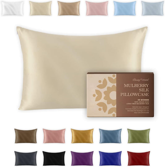 25 Momme Premium Mulberry Silk Pillowcase for Hair and Skin | Handcrafted Hypoallergenic & Anti-Acne Silk Pillow Cases with Zipper | Queen - 20" x 30", Vanilla Ice