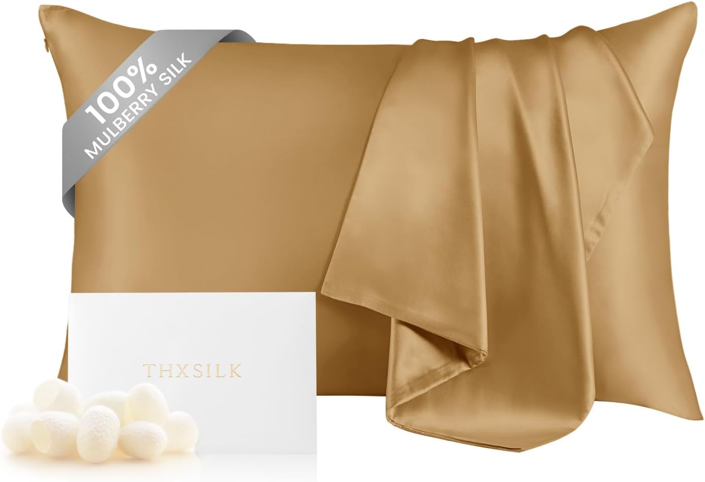 THXSILK Silk Pillowcase for Hair and Skin, 100% Mulberry Silk Bed Pillowcase with Zipper, Hypoallergenic Soft Breathable Pillow Case with Hidden Zipper, King Pillow Case 20"x36" (Metallic Gold)