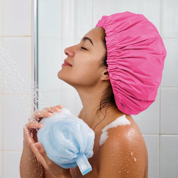 Reusable Shower Cap for Women, Large Waterproof Shower Essentials Bonnet Washable Elastic Band Bath Hair Wrap Hat for Long Hair, Braids(Rose Red)