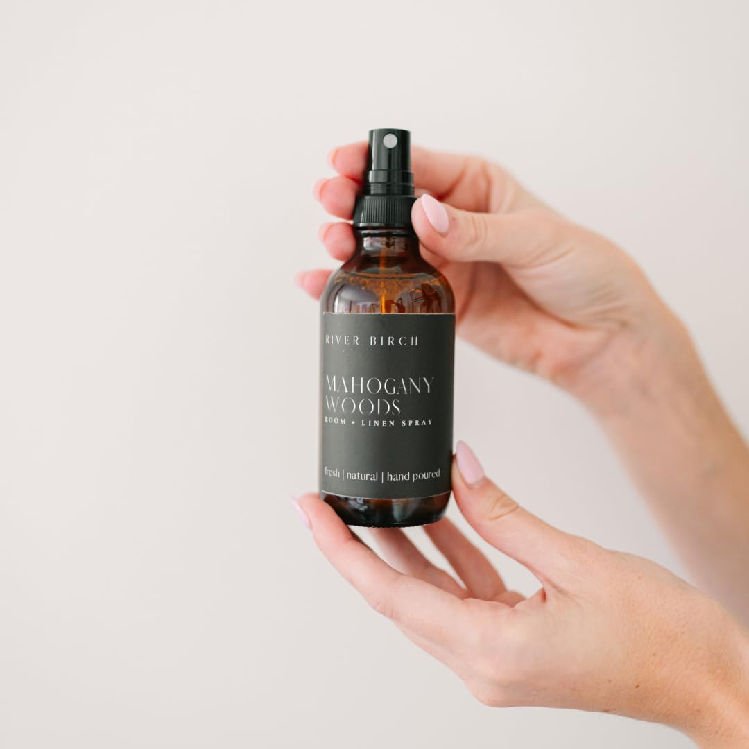 River Birch Mahogany Woods Scented Linen and Room Spray | Home Fragrance | 4 oz Glass Amber Bottle | Luxury Signature Scent | Handmade in Texas