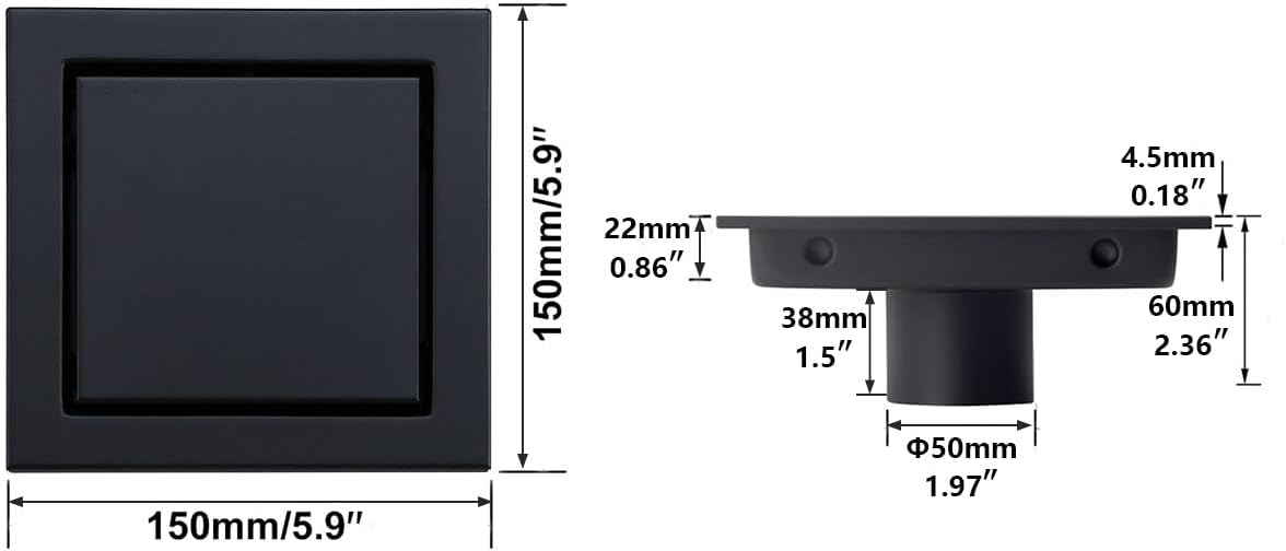 RANDOM Black Shower Drain Square with Removable Tile Insert 6 Inch Drain Cover and Hair Strainer,SUS 304 Stainless Steel Matte Black Shower Floor Drain