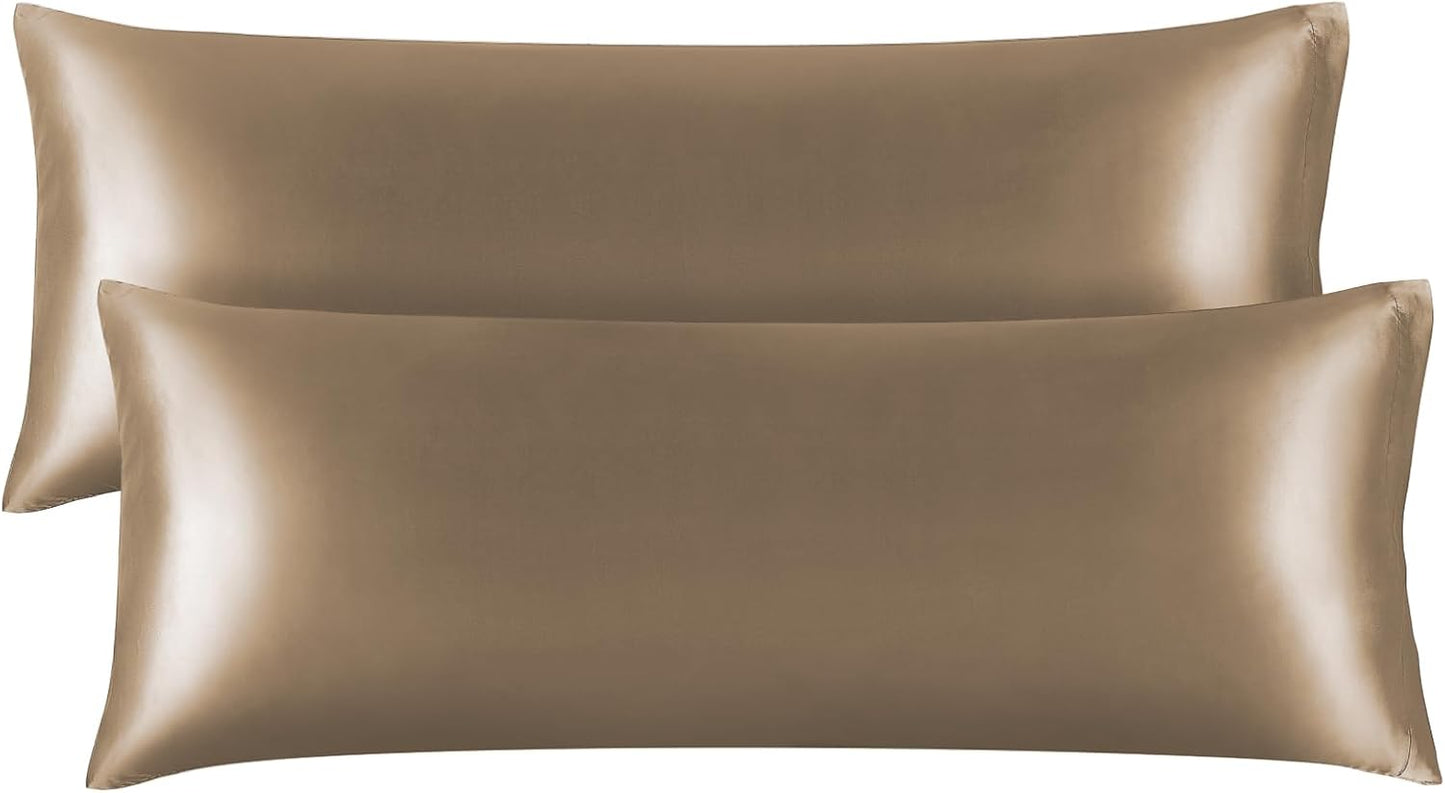 BEDELITE Satin Body Pillow Cover 2 Pack, Super Soft and Cooling Body Pillow Pillowcase for Hair and Skin, Breathable Silky Full Long Pillowcase Cover(20"x54", Tawny Brown)