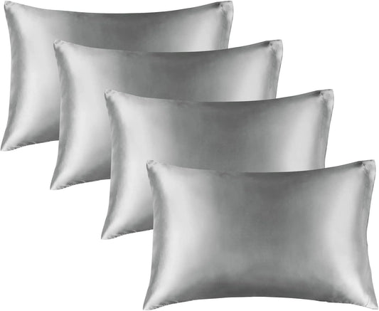 BEDELITE Satin Pillowcase for Hair and Skin, Super Soft Similar to Silk Pillow Cases 4 Pack with Envelope Closure, Cooling Pillowcases for Women Men (20"x30" Queen Size, Grey)