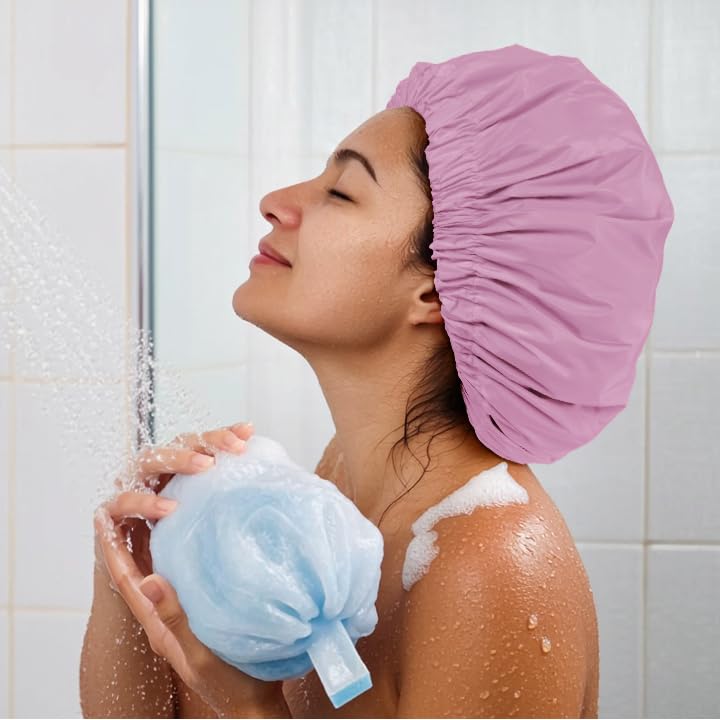 Reusable Shower Cap for Women, Large Waterproof Shower Essentials Bonnet Washable Elastic Band Bath Hair Wrap Hat for Long Hair, Braids(Purple)