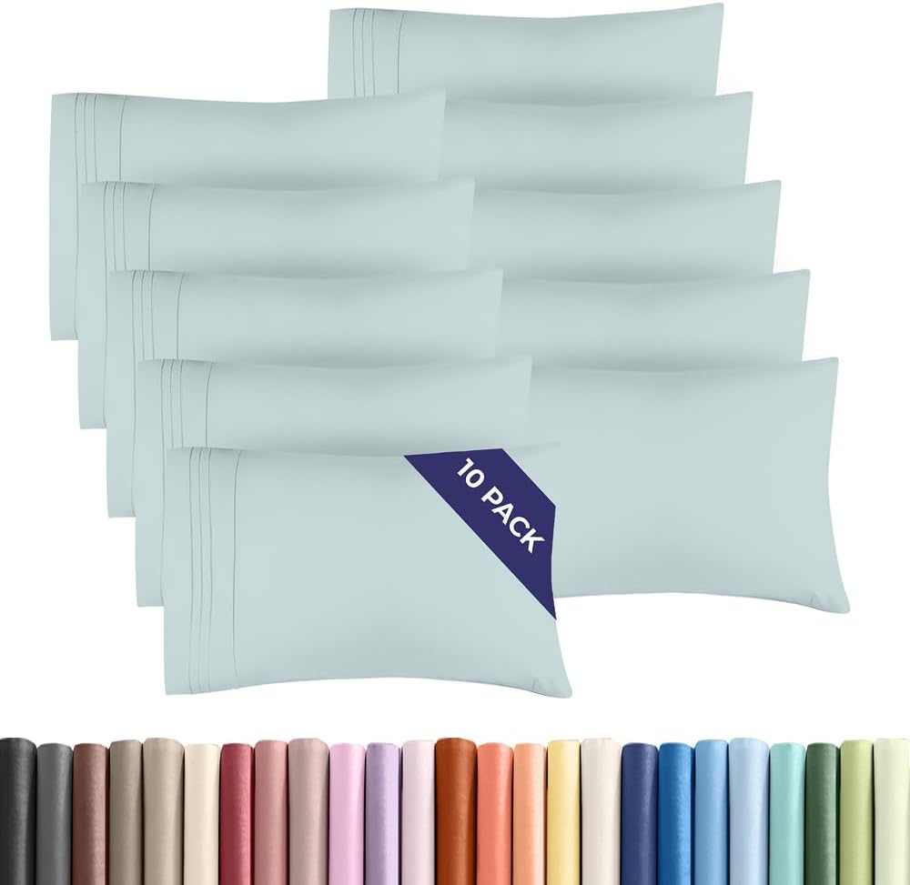 Queen Pillow Cases Set of 10 - Ultra Soft Hotel Quality Pillowcase Covers - Comfy, Cozy & Wrinkle Free - Shrink, Stain and Fade Resistant - Machine Washable Pillow Protectors - 10 Piece Set - Ice Blue
