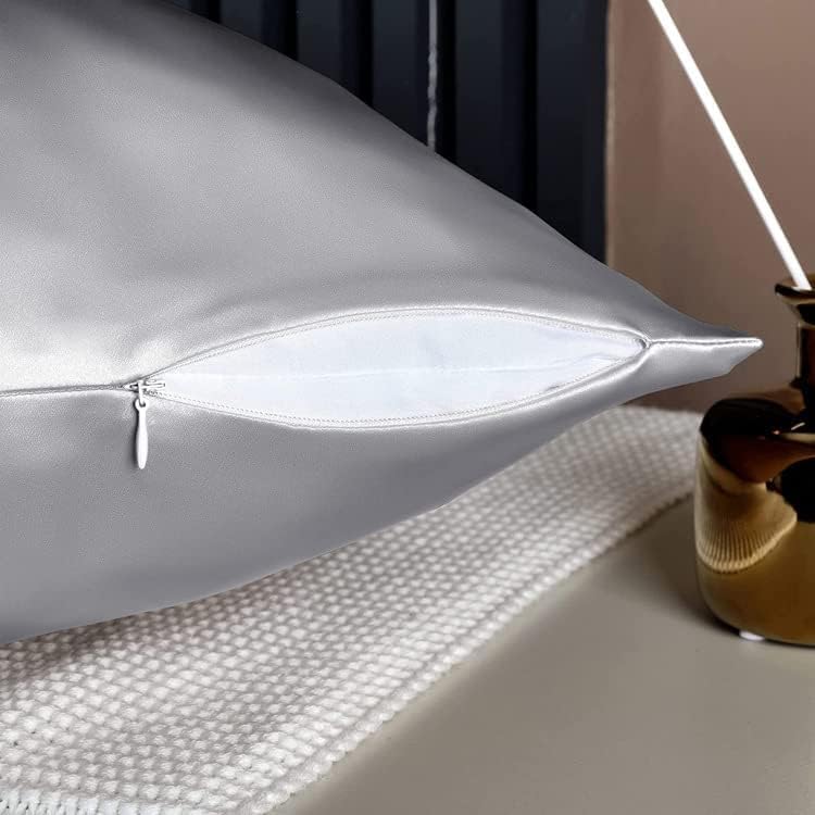 Satin Silk Pillowcase for Hair and Skin, Black Pillow Cases Standard Size Set of 4 Pack Super Soft Pillow Case with Zipper Closure (Silver, King (4 Pack))