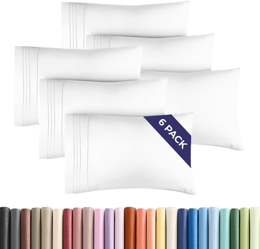 King Pillow Cases Set of 6 - Ultra Soft Hotel Quality Pillowcase Covers - Comfy & Wrinkle Free - Shrink, Stain and Fade Resistant - Easy-Care, Machine Washable Pillow Protectors - 6 Piece Set - White