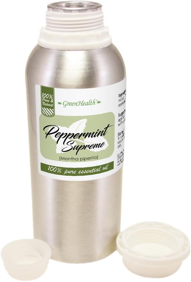 Peppermint Essential Oil – 100% Pure Mentha Piperita – GreenHealth – 8 fl oz (237 ml) Aluminum Bottle with Plug Cap – Aromatherapy, Diffusers, DIY, Candles, Fresh Home Scent