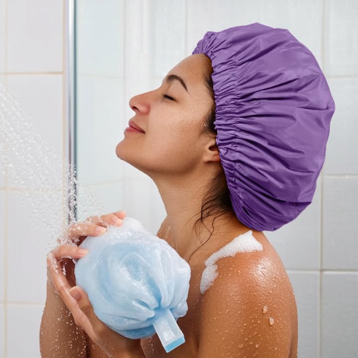 Reusable Shower Cap for Women, Large Waterproof Shower Essentials Bonnet Washable Elastic Band Bath Hair Wrap Hat for Long Hair, Braids(Lavender)