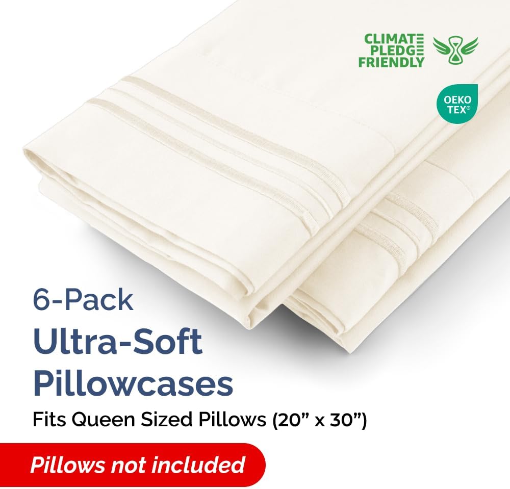 Queen Pillow Cases Set of 6 - Ultra Soft Hotel Quality Pillowcase Covers - Comfy, Cozy & Wrinkle Free - Shrink, Stain and Fade Resistant - Machine Washable Pillow Protectors - 6 Piece Set - Off White