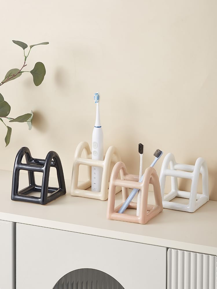 Handmade Ceramic Holder Stand for Toothbrushes, Makeup Brushes, and Pens - Minimalist Design for Bathroom Vanity and Countertops Decor (White)