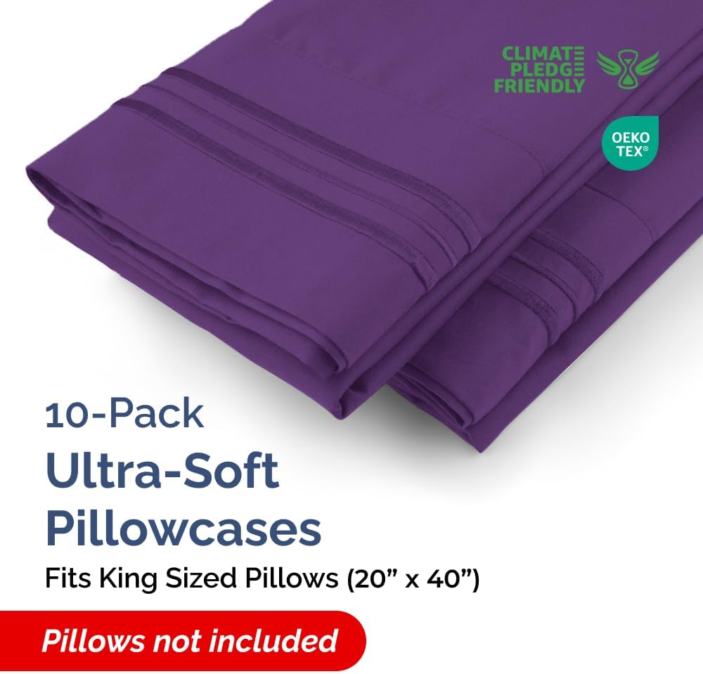 King Pillow Cases Set of 10 - Ultra Soft Hotel Quality Pillowcase Covers - Comfy & Wrinkle Free - Shrink, Stain and Fade Resistant - Easy-Care, Machine Washable Pillow Protectors - 10 Pcs Set - Purple
