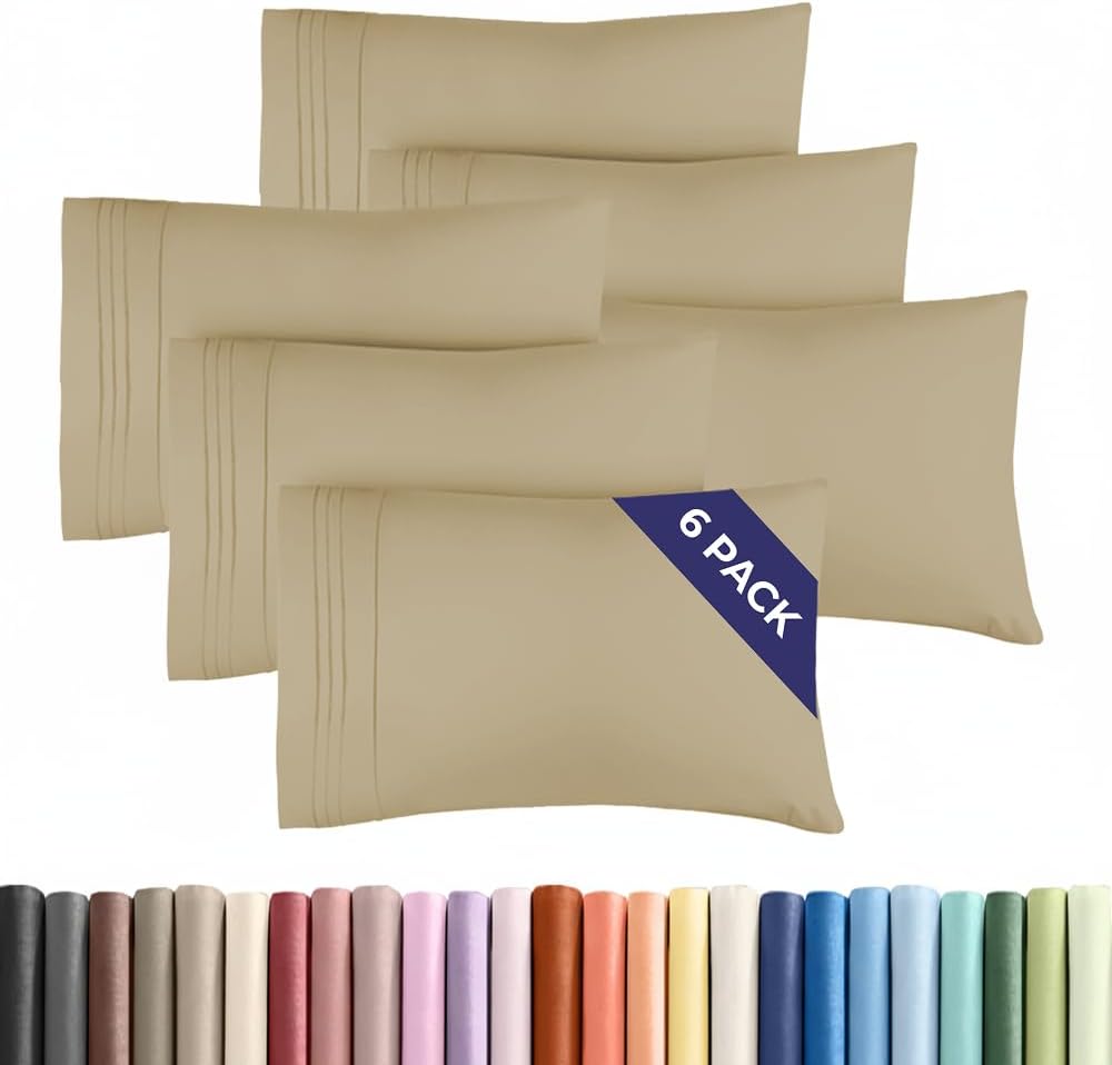 Standard Pillow Cases Set of 6 - Ultra Soft Hotel Quality Pillowcase Covers - Comfy, Cozy & Wrinkle Free - Shrink, Stain and Fade Resistant - Machine Washable Pillow Protectors - 6 Piece Set - Beige