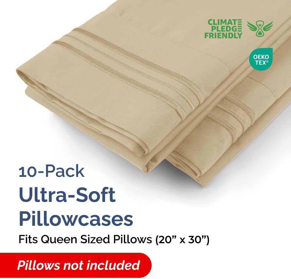 Queen Pillow Cases Set of 10 - Ultra Soft Hotel Quality Pillowcase Covers - Comfy & Wrinkle Free - Shrink, Stain and Fade Resistant - Easy-Care, Machine Washable Pillow Protectors - 10 Pcs Set - Beige