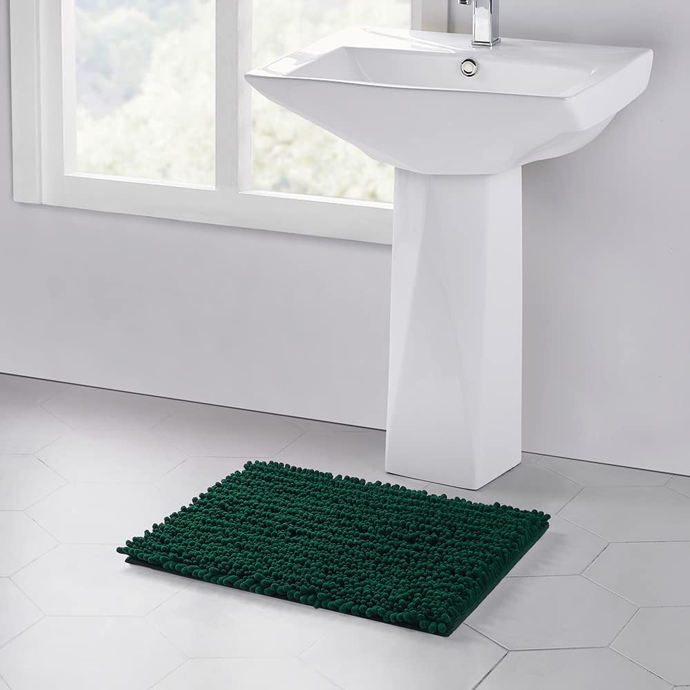 Walensee Bathroom Rug Non Slip Bath Mat (24x17 Inch Hunter Green) Water Absorbent Super Soft Shaggy Chenille Machine Washable Dry Extra Thick Perfect Absorbant Best Small Plush Carpet For Shower Floor