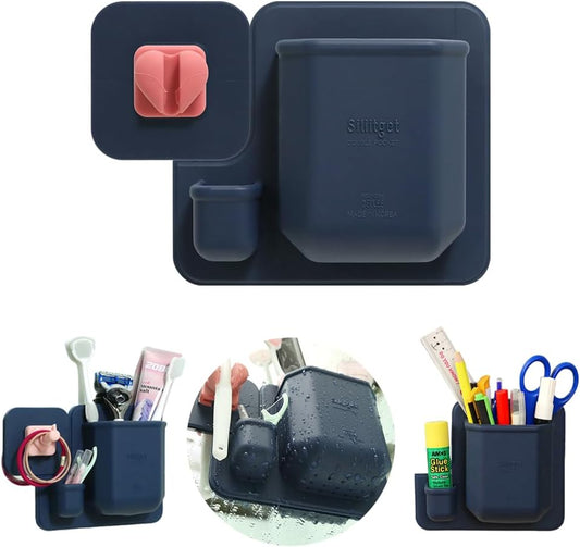 Silicone Wall Mounted Organizer - Made in Korea, BPA Free - Storage with Hook - Bathroom and Living Room, Remote Control & Shower Caddy (Heart Single(Navy), Poket Holder(Navy))