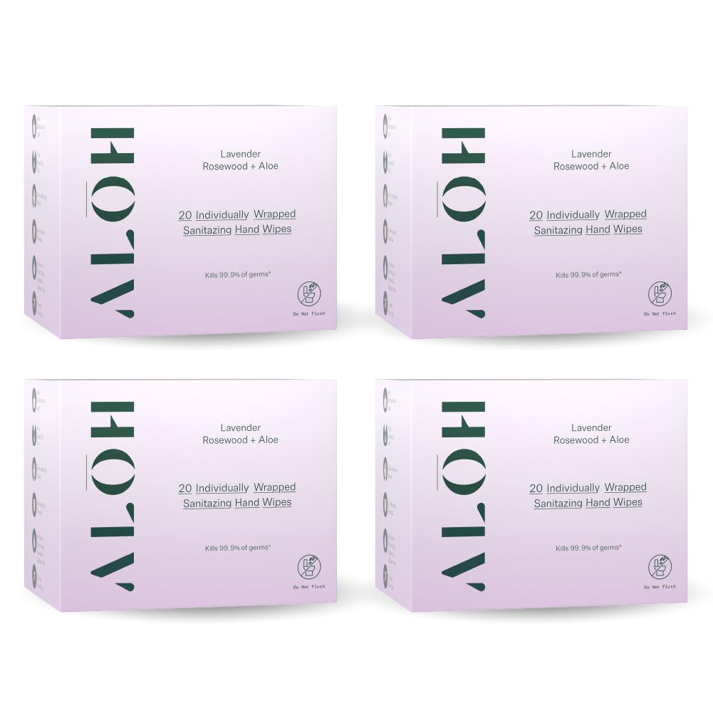 ALŌH Skin- Softening Sanitizing Hand Wipes – Lavender Rosewood + Aloe- 4 boxes of 20ct Individually Wrapped Wipes (80 Wipe)