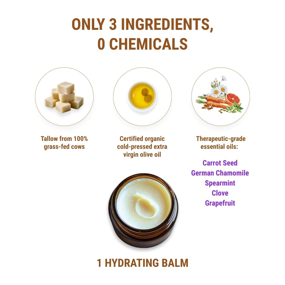 Vintage Tradition Beef Tallow All Purpose Balm - Healing, Hydrating Weather-Protecting Skin Care Salve Replaces Body Lotion, Hand Cream, More - Essential Oil, Olive Oil, and Grass-Fed Tallow, 2 fl oz.