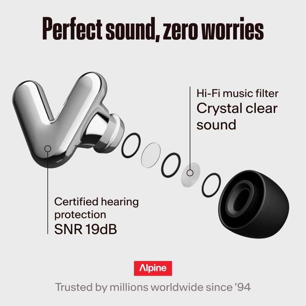 Alpine Tune Earplugs, Concert Ear Plugs for Noise Reduction, High Fidelity Music Quality, 19dB Hearing Protection with Crystal Clear Sound, Incl. 4 Sizes, For Parties, Raves, Festivals & Clubs, Silver
