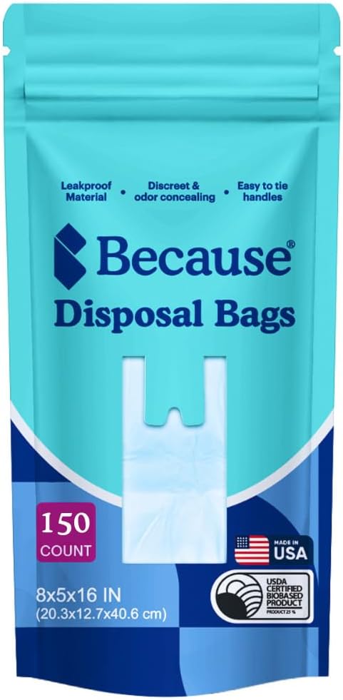 Because Incontinence Disposal Bags, Discreet, Tear Resistant Adult Disposal Bags for Men & Women, Extra-Large, Leak Protection, Odor Blocking, 150 Count (3 packs of 50)