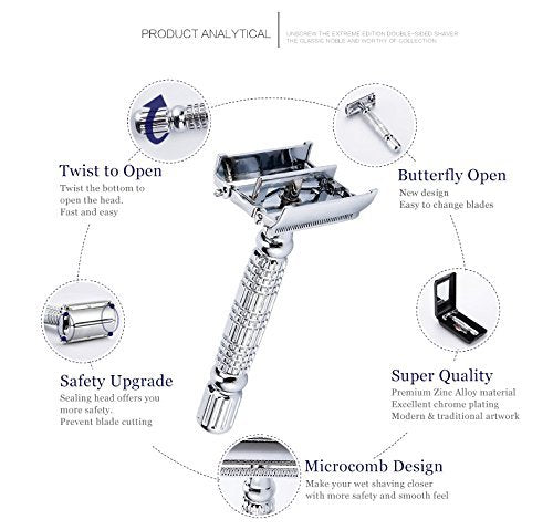 BAILI Butterfly Open TTO Double Edge Metal Safety Razor Wet Shaving Kit for Men Women with Platinum Blade and Mirrored Travel Case BD179