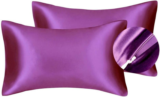 Juwenin Bedding,Luxury Satin Pillowcase with Zipper (Silky Satin Pillow Case for Hair) Set of 2 (Purple, Queen(20''x29''))