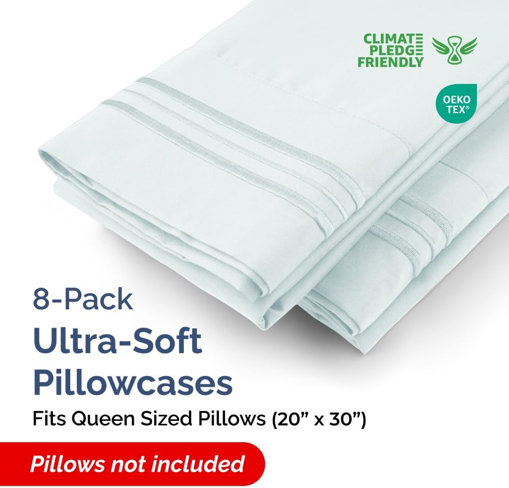 Queen Pillow Cases Set of 8 - Ultra Soft Hotel Quality Pillowcase Covers - Comfy, Cozy & Wrinkle Free - Shrink, Stain and Fade Resistant - Machine Washable Pillow Protectors - 8 Piece Set - Ice Blue