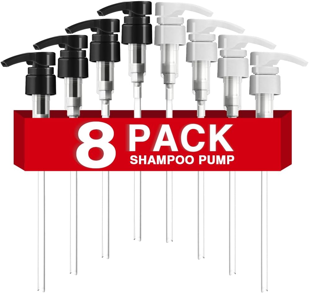 8-Pack Shampoo Pump for Liter 33.8 oz Shampoo and Conditioner, Pump Dispenser Fits Most Salon Bottles with 1-inch Wide Opening, Black & White Replacement Pump for Soft Hair Products, Body Wash, Lotion