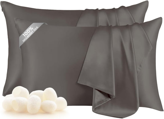 THXSILK Set of 2 Mulberry Silk Pillowcases, 100% Pure Mulberry Silk, 19 Momme 6A+ Grade, Silk Pillowcase for Hair and Skin, King Size Pillow Case with Hidden Zipper, Dark Grey
