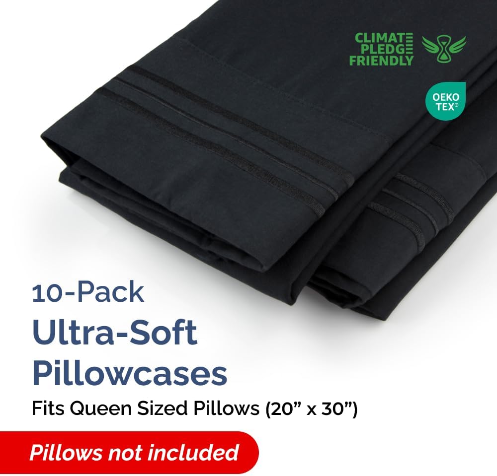 Queen Pillow Cases Set of 10 - Ultra Soft Hotel Quality Pillowcase Covers - Comfy & Wrinkle Free - Shrink, Stain and Fade Resistant - Easy-Care, Machine Washable Pillow Protectors - 10 Pcs Set - Black