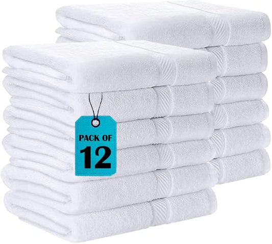 Pearl Linens 12 Pack 22x44 Economy Cotton Hotel Quality White Bath Towels Quick-Dry, Lightweight, Soft & Absorbent Bathroom Towels for Spa, Gym, Hotel & Shower Bulk White Towel Set