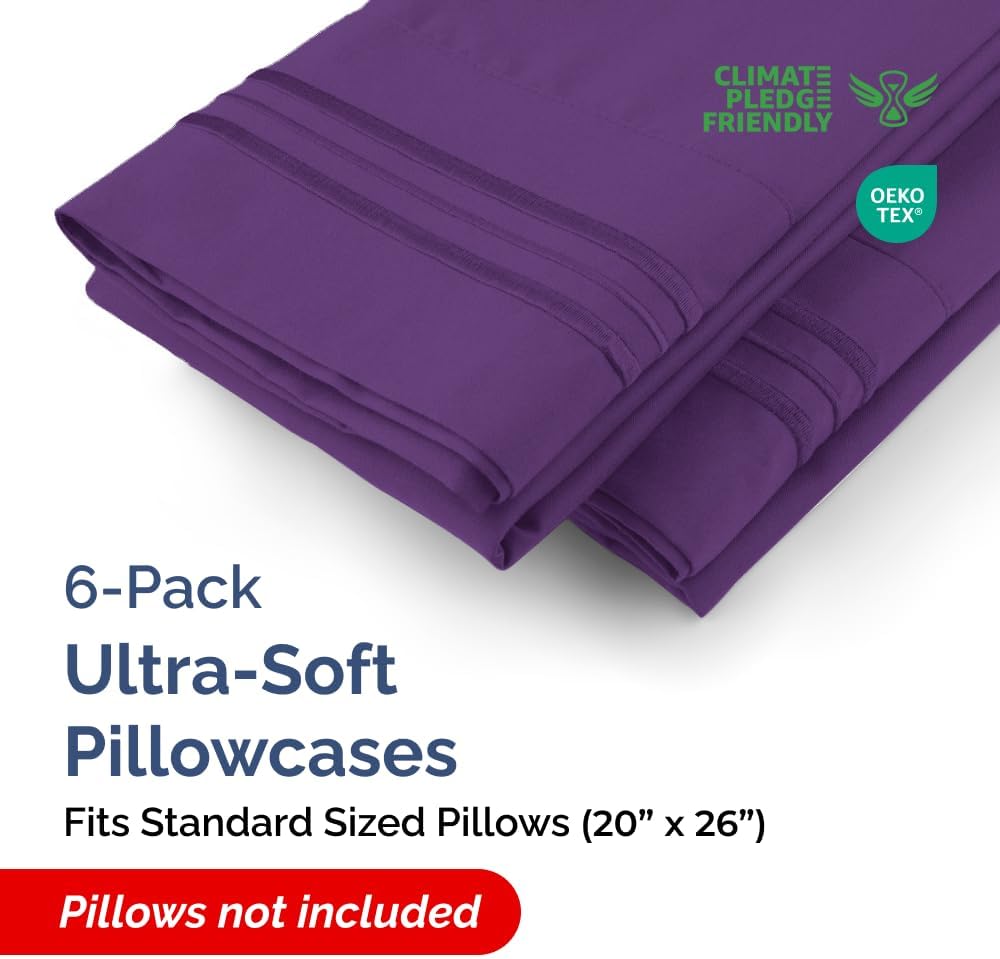 Queen Pillow Cases Set of 6 - Ultra Soft Hotel Quality Pillowcase Covers - Comfy & Wrinkle Free - Shrink, Stain & Fade Resistant - Easy-Care, Machine Washable Pillow Protectors - 6 Piece Set - Purple