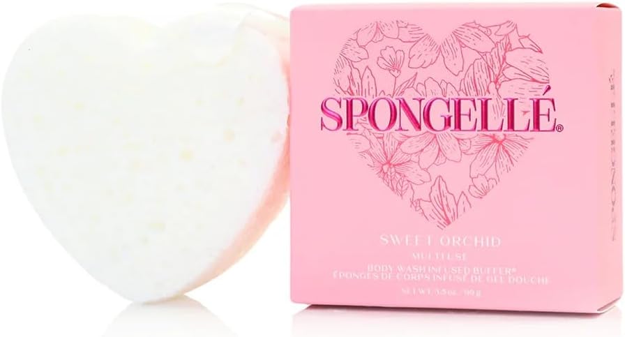 Spongellé Sweet Orchid Heart Buffer – Exfoliating Body Wash Infused Sponge with Orchid Scent – Perfect for Valentine's & Mother's Day Gifts