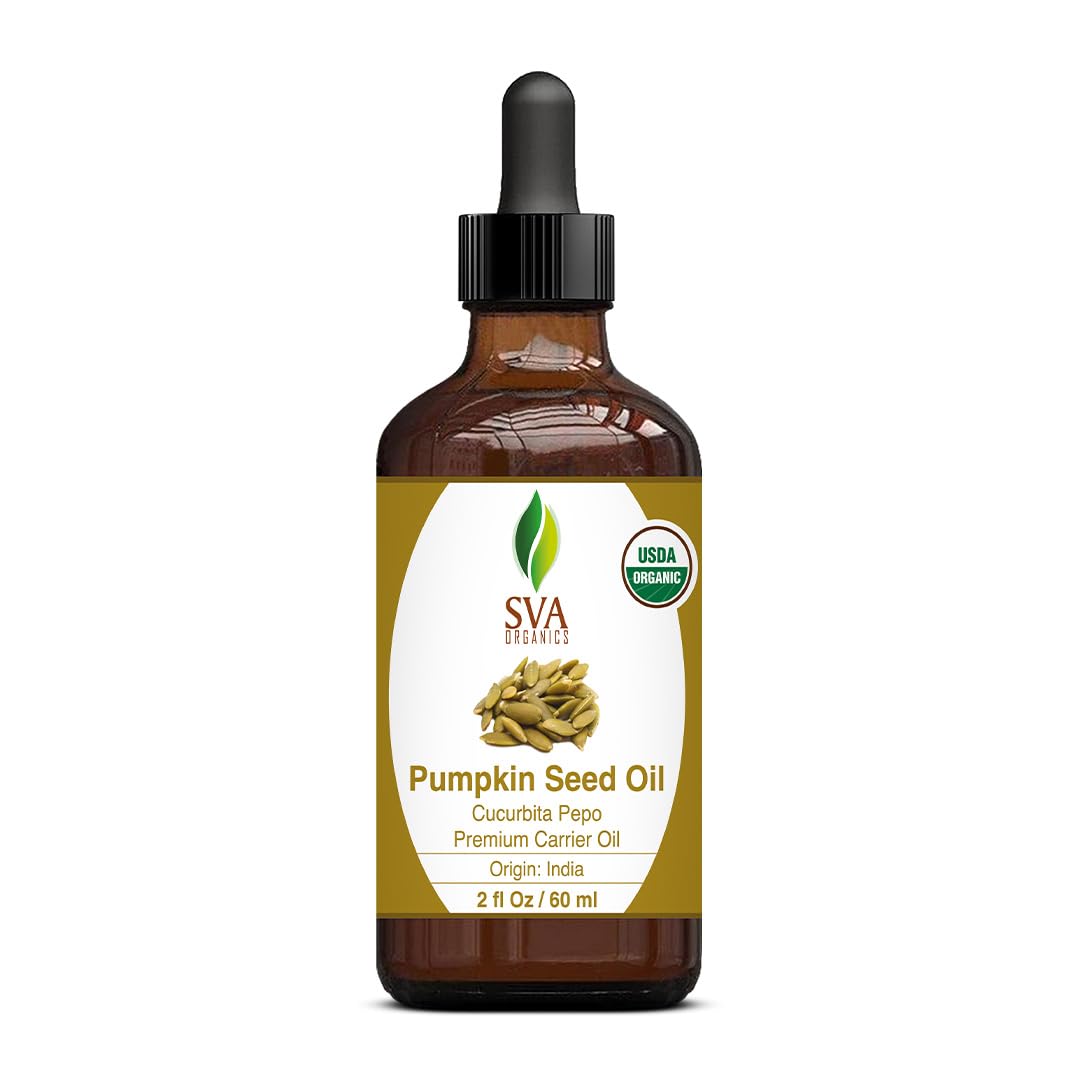 SVA Pumpkin Seed Oil Organic - 2 Fl Oz – 100% Natural Cold Pressed Pumpkin Seed Oil - for Face, Skin Care, Hair Care, Scalp Massage & Body Massage - with Dropper