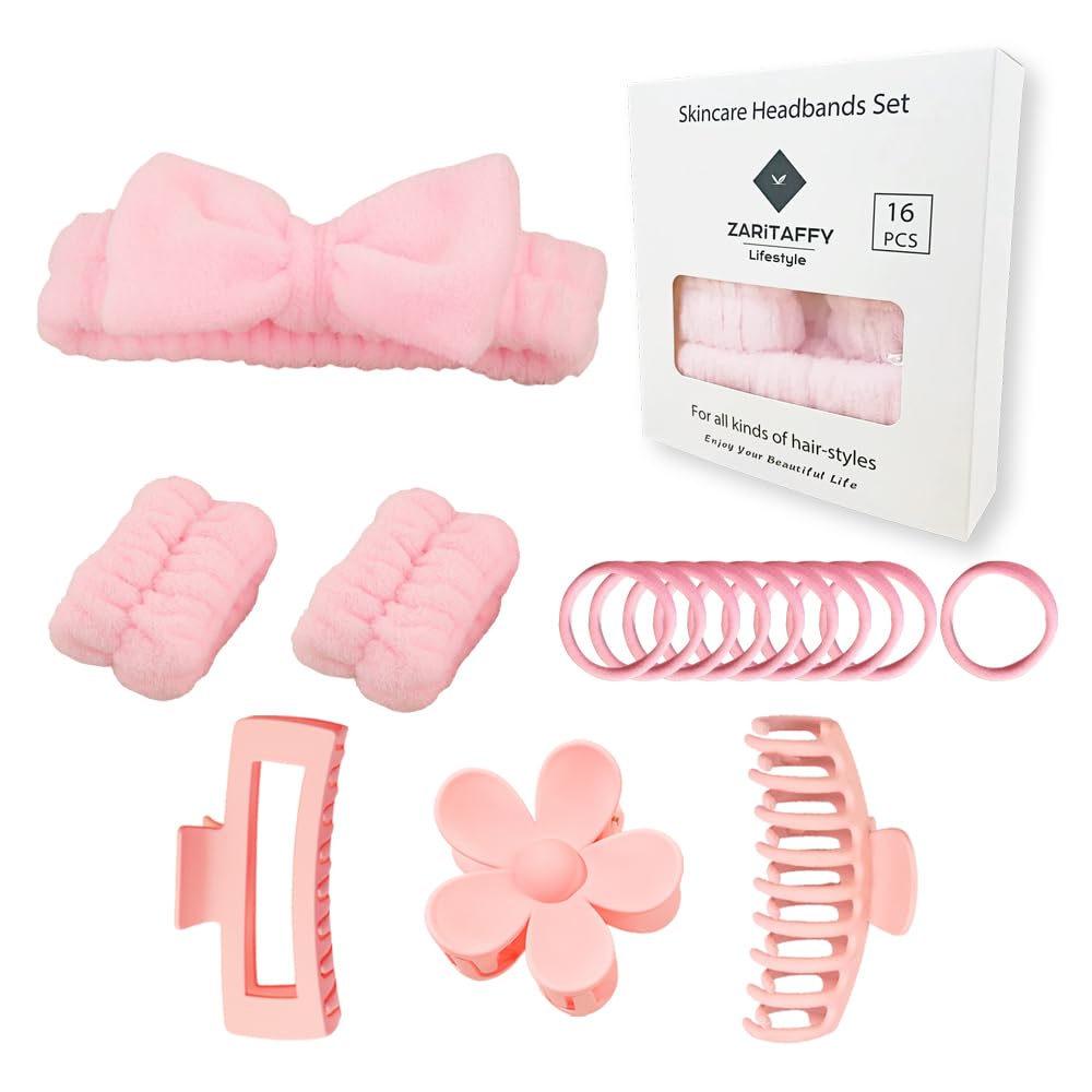 16pcs Skincare Headband Set, Headband Set for Face Washing Spa and Makeup, Including 1 Hairband, Wristband, 3 Hair Claw Clips and 10 Hair Ties, with Box, Gift for Women and Girls, Pink