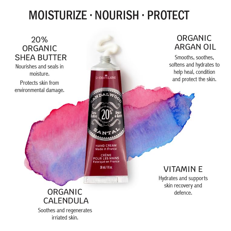 La Chatelaine 20% Shea Butter Hand Cream Travel Size, Men, Unisex, Organic Argan Oil, Moisturizing, Nourishing, Extra-Rich Hand Lotion, Made in France, Paraben Free, 1 oz / 30ml (Sandalwood)