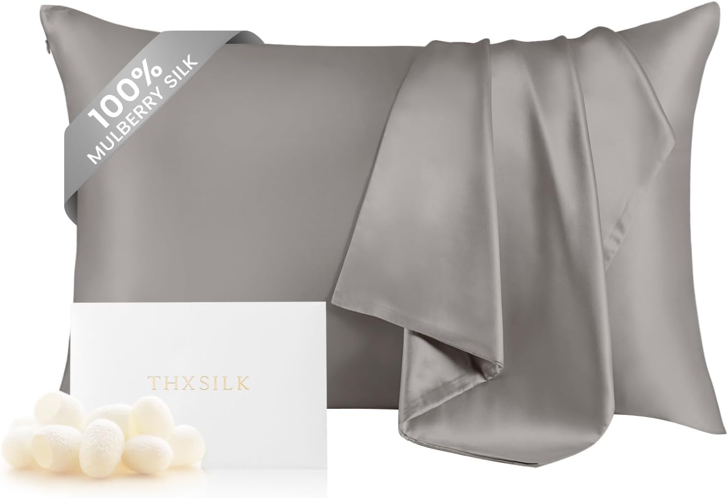 THXSILK Silk Pillowcase for Hair and Skin, 100% Mulberry Silk Bed Pillowcase with Hidden Zipper, Grade 6A+ Silk Soft Breathable Smooth, King Pillow Case (Grey)