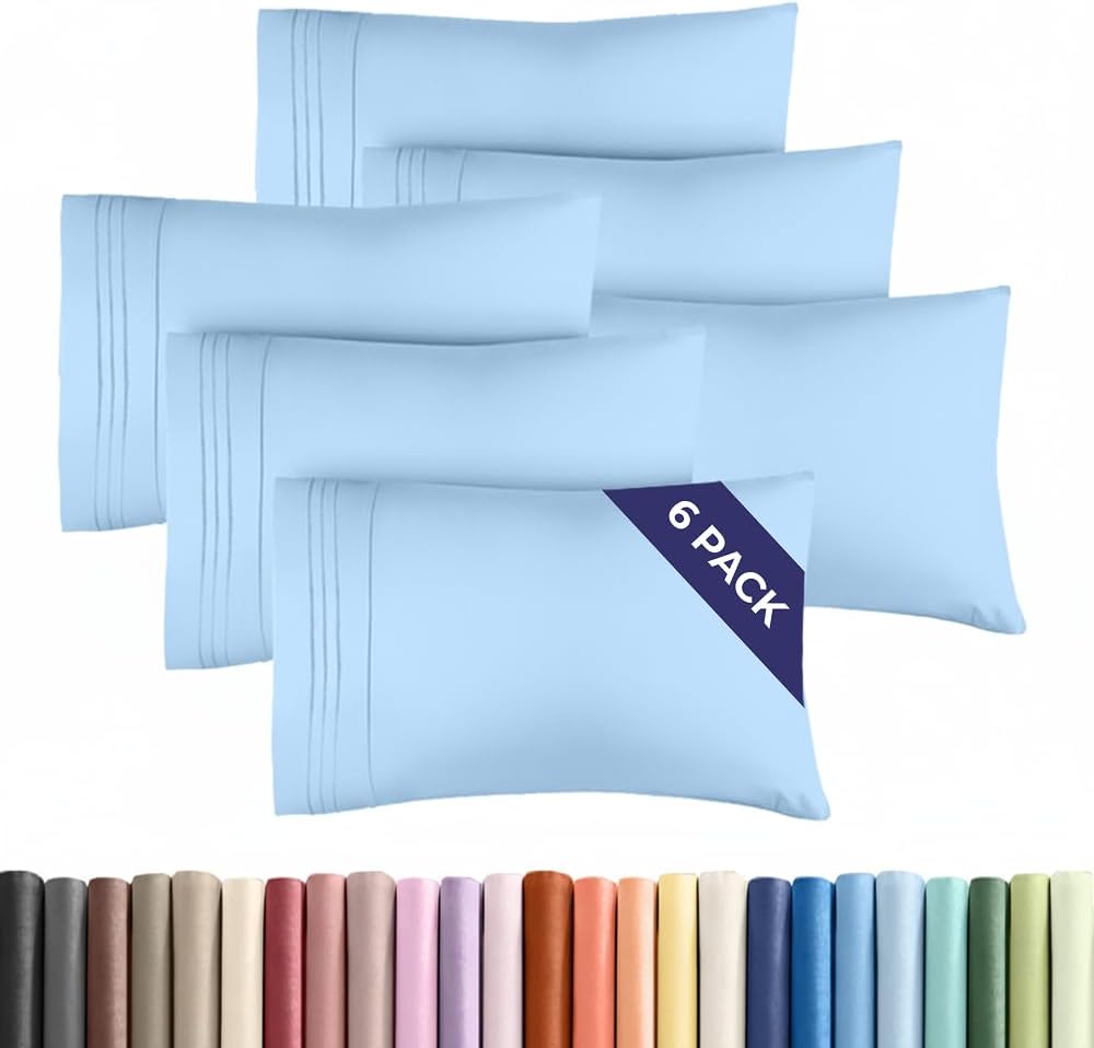 Standard Pillow Cases Set of 6 - Ultra Soft Hotel Quality Pillowcase Covers - Comfy & Wrinkle Free - Shrink, Stain and Fade Resistant - Machine Washable Pillow Protectors - 6 Piece Set - Light Blue