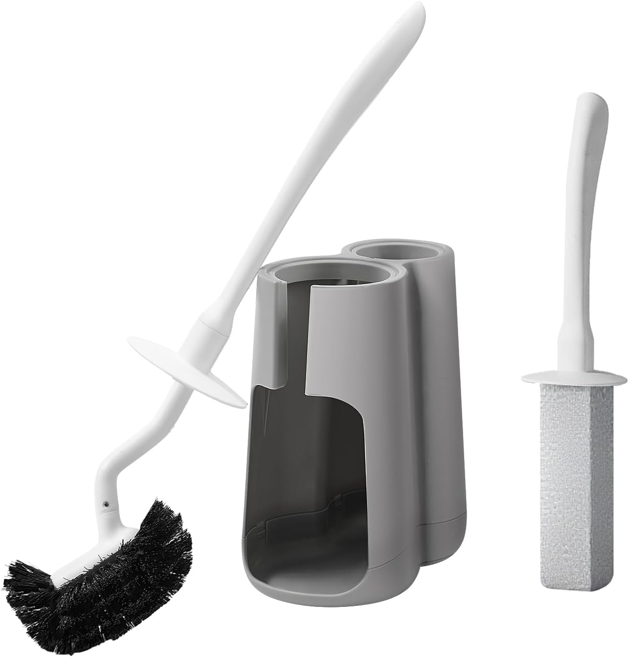 Toilet Brush & Pumice Stone Brush Combo, 2-in-1 Toilet Bowl Brush and Dual-Slot Holder Set, Curved Deep Cleaning Brush & Extended Handle, Compact Size Toilet Cleaner Brush Organizer