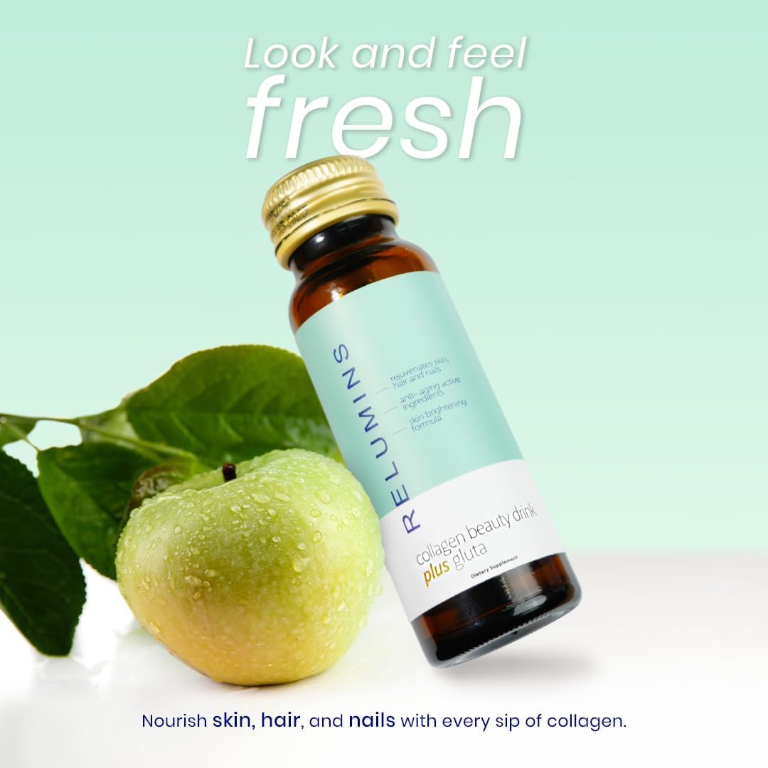Relumins Advanced Collagen Beauty Drink with Glutathione, Hyaluronic Acid & Antioxidants - Post-Summer Skin Recovery & Made in USA - Apple Flavor - 30 Bottles x 50mL