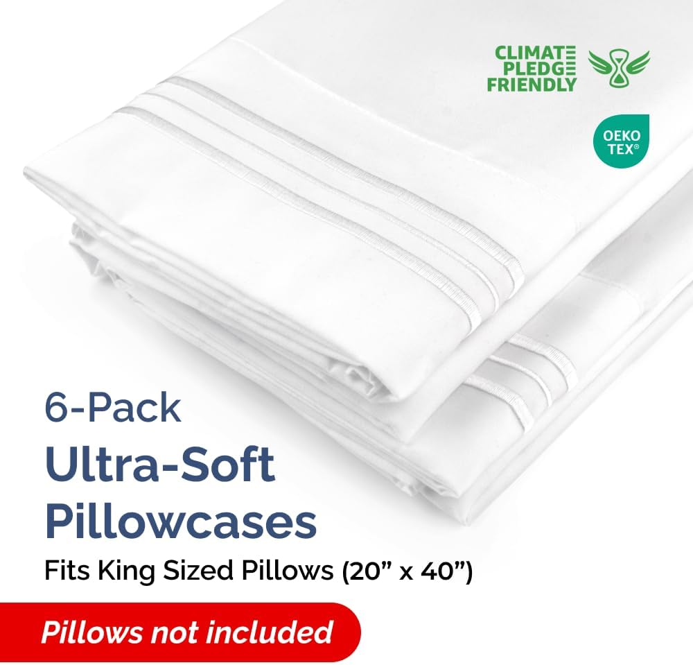 King Pillow Cases Set of 6 - Ultra Soft Hotel Quality Pillowcase Covers - Comfy & Wrinkle Free - Shrink, Stain and Fade Resistant - Easy-Care, Machine Washable Pillow Protectors - 6 Piece Set - White