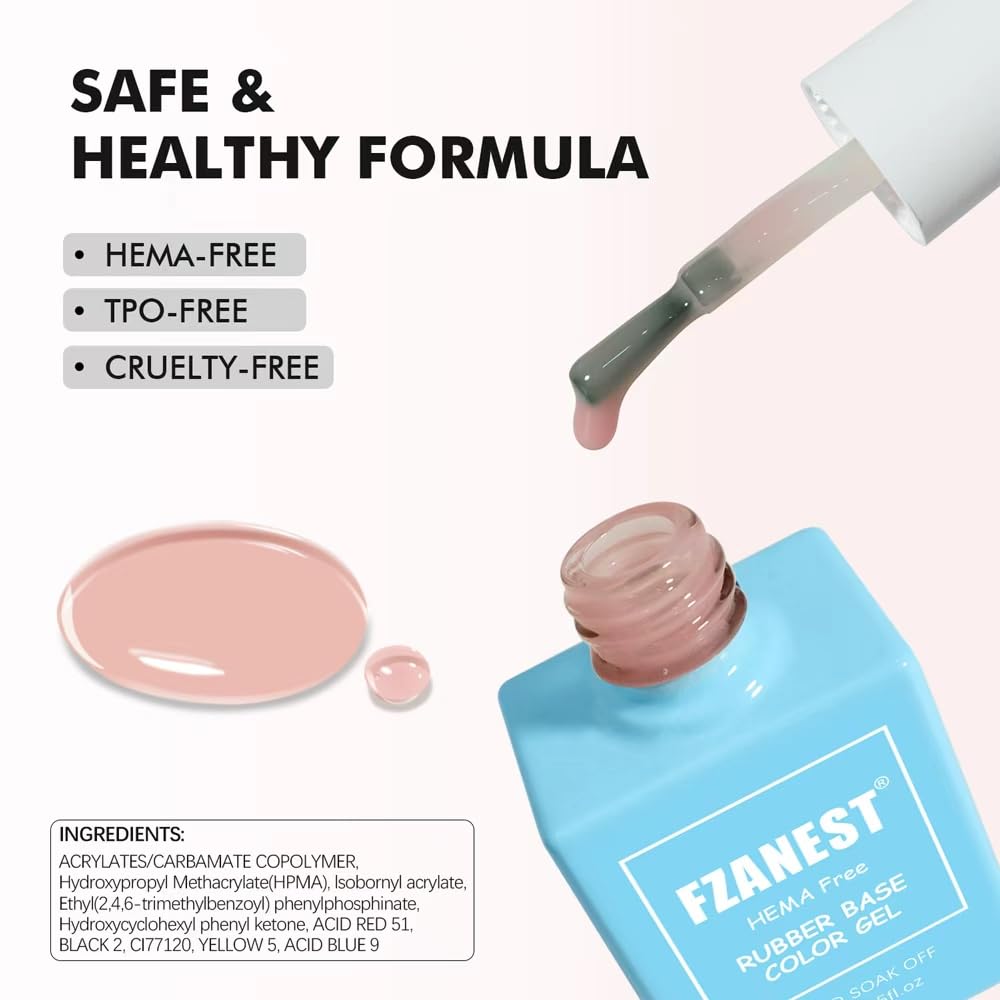 FZANEST Hema-Free Nude Gel Polish Rubber Base Set, 6 Colors Self-leveling Quick Builder Gel for Nail Overlays Sculpting Repair French Tips Base Colors Long-Lasting Base Salon-Quality Nails At Home