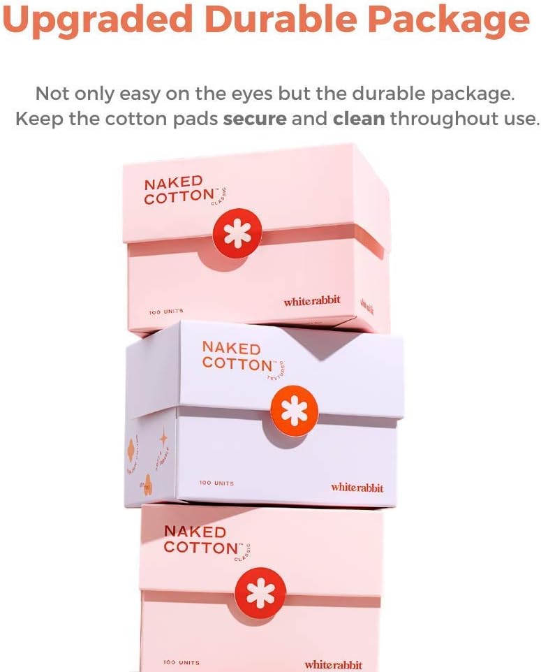 White Rabbit – Naked Cotton Textured – Unbleached Perforated Cotton Pads for Toner, Makeup Removal & Masks | Lint-Free, Exfoliating, Natural & Cruelty-Free | Korean Skin Care Product (200 Count)