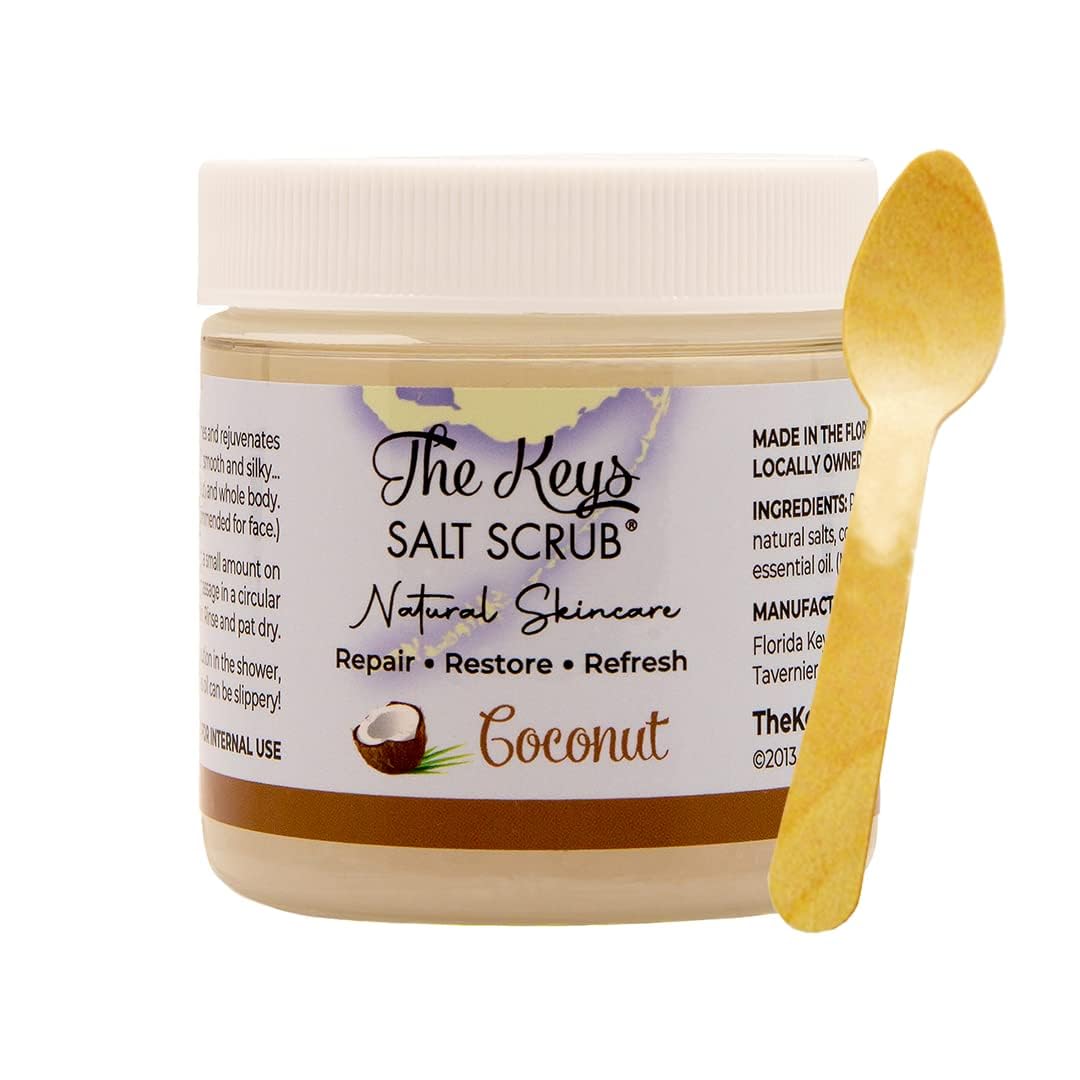 The Keys Salt Scrub -Sea Salt Scrub - Exfoliating Body Scrub with Wooden Spoon - Moisturizing Exfoliator for Hands, Foot, Bath, (3.4 Ounce (Pack of 1), Coconut)