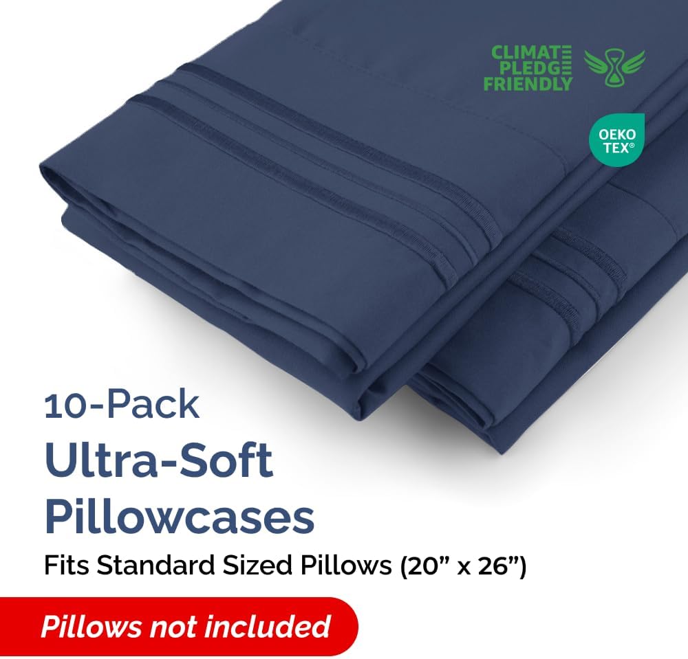 Standard Pillow Cases Set of 10 - Ultra Soft Hotel Quality Pillowcase Covers - Comfy, Cozy & Wrinkle Free - Shrink, Stain & Fade Resistant - Machine Washable Pillow Protectors - 10 Pcs Set - Navy Blue