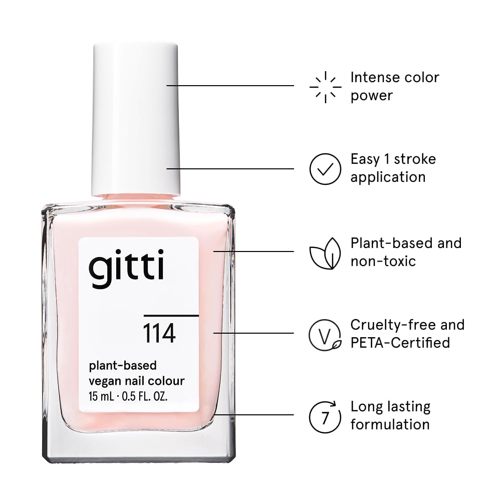 gitti Plant-based Nail Polish I Non-Toxic, 30-Free, Based On Natural Origin Ingredients, Cruelty-Free, Vegan, High Performance Colors, Glossy Finish, Shade no. 114 Pink Sheen (0.5 fl oz)