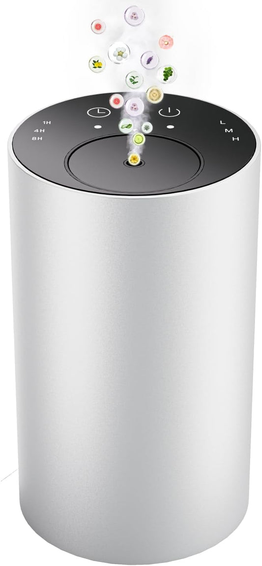 Essential Oil Diffuser with 3 Spray Modes, Battery Operated, LED Timing Display, Aromatherapy Diffuser, 1/4/8-Hour Timer, 10ml Oil Bottle, and 3 Mist Settings for Home, Car (New Silver)